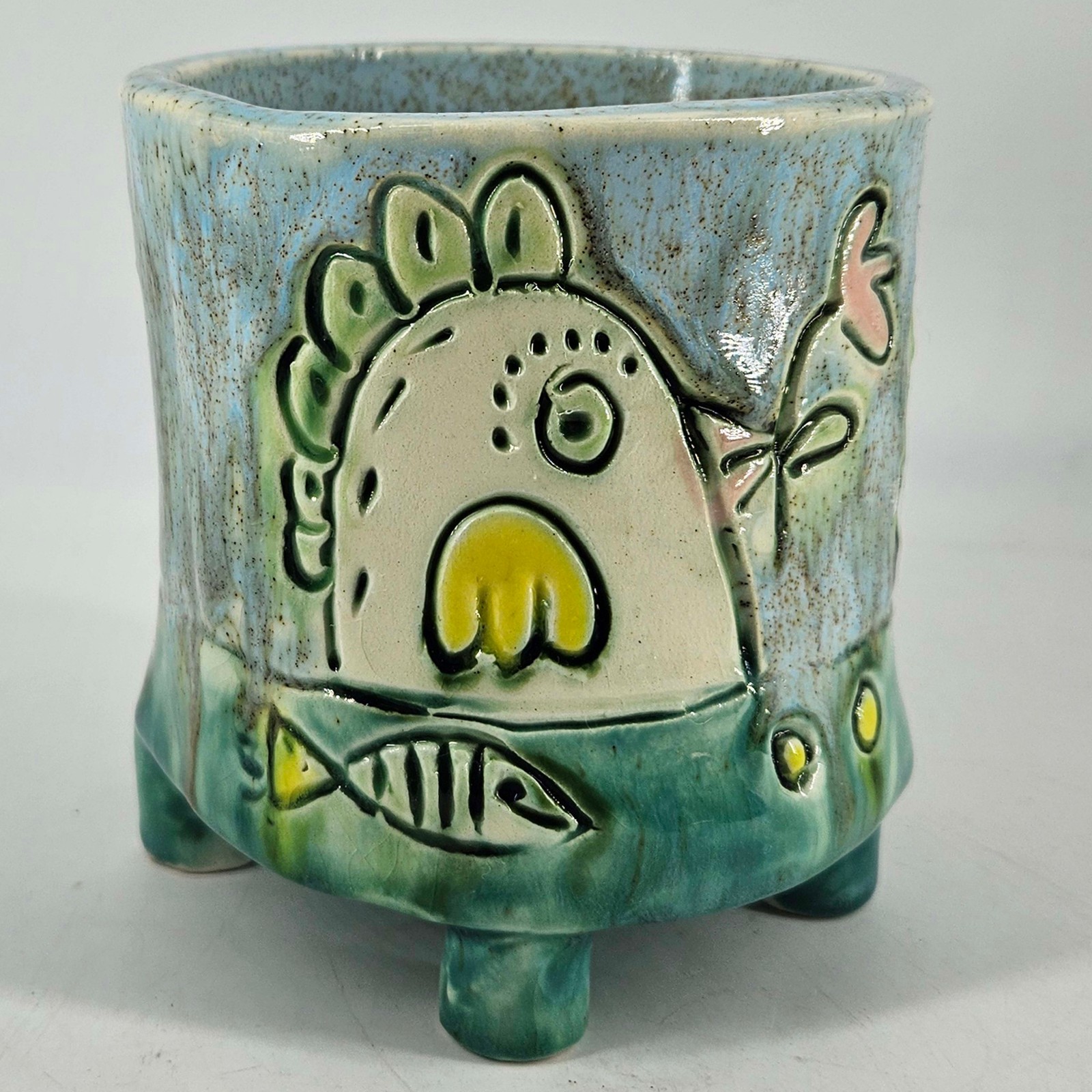Vintage hand made footed pottery chicken flower fish Planter vase