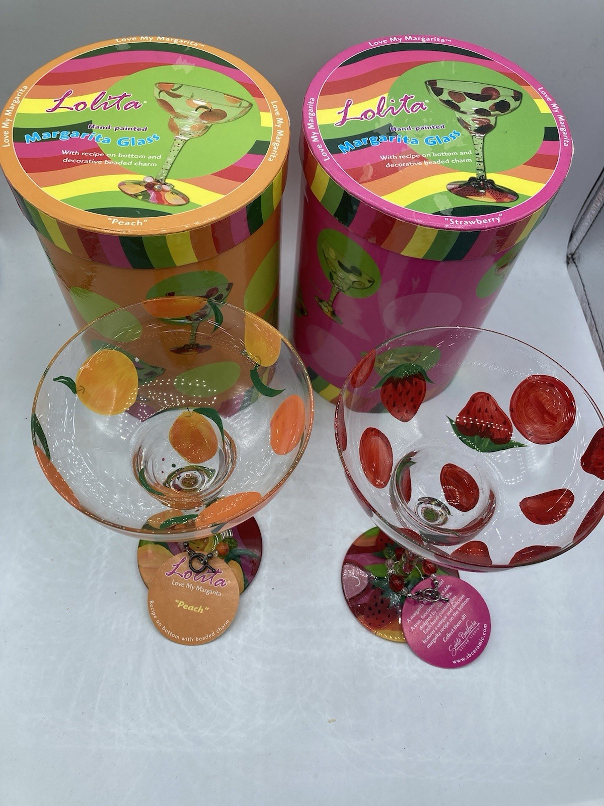 Lolita Hand-painted Love My Margarita Glasses Strawberry Peach NEW WITH CASES