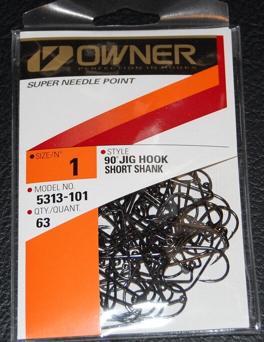 OWNER 90° X Strong Short Shank Jig Hooks 5313-101 Size 1 - 63 pack for molds