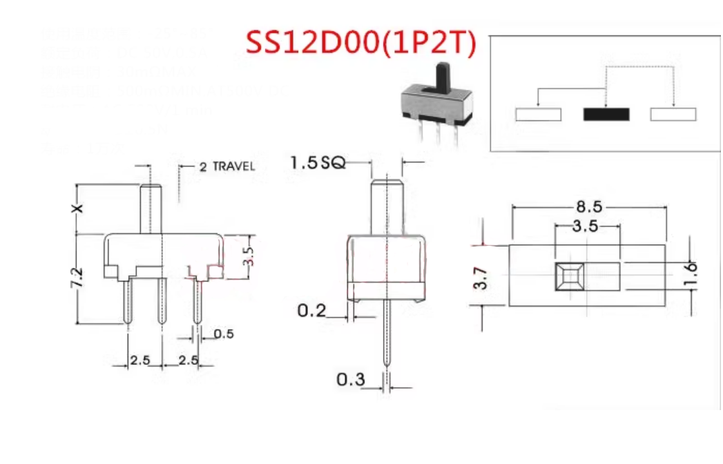 Toggle Switch SS12D00G2/G3G4/G5 SPDT 1P2T 3P 2 Position PCB Panel Slide Switch