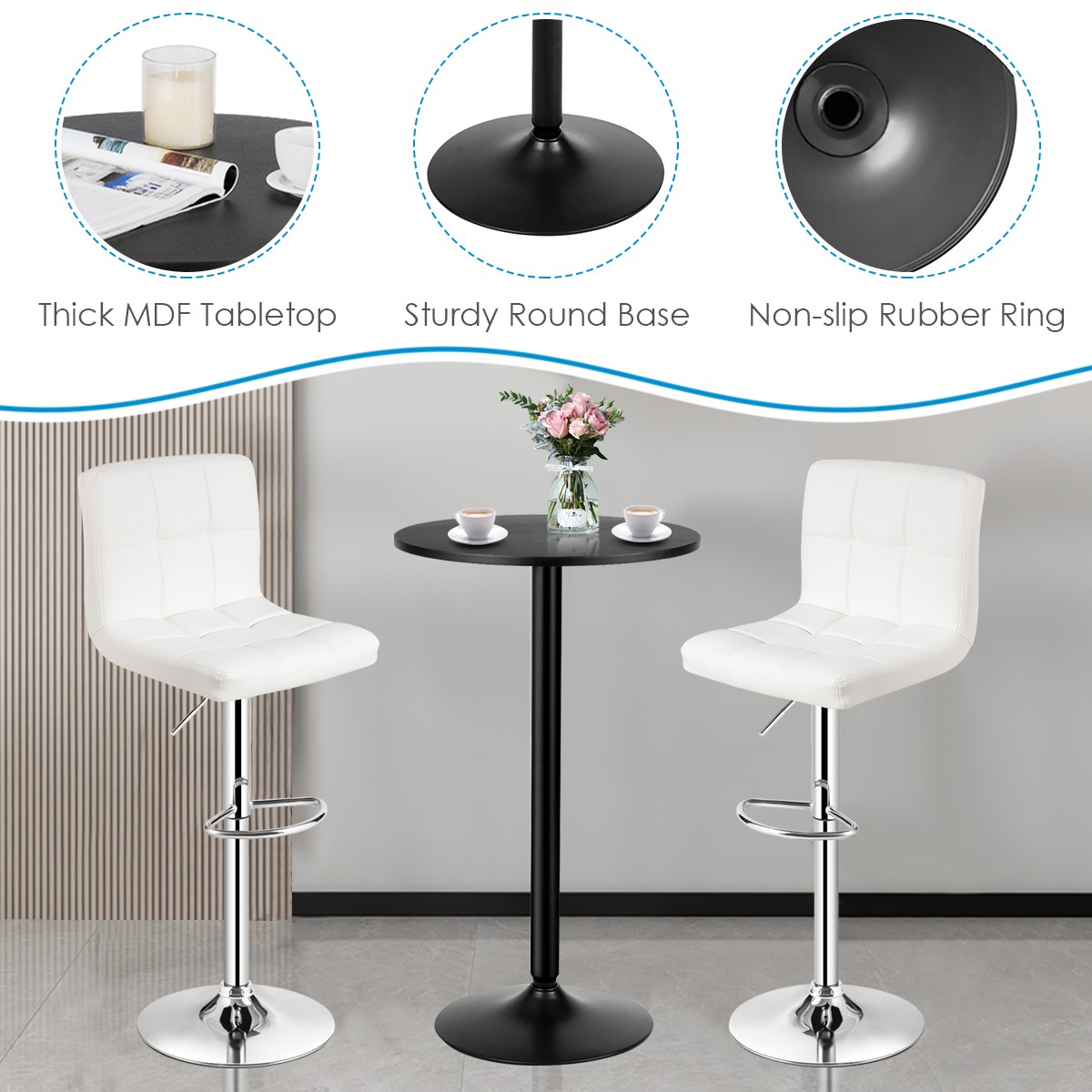 Costway 3PCS Pub Table Set 24" Round Bar Table & 2 Adjustable Bar Stools White
