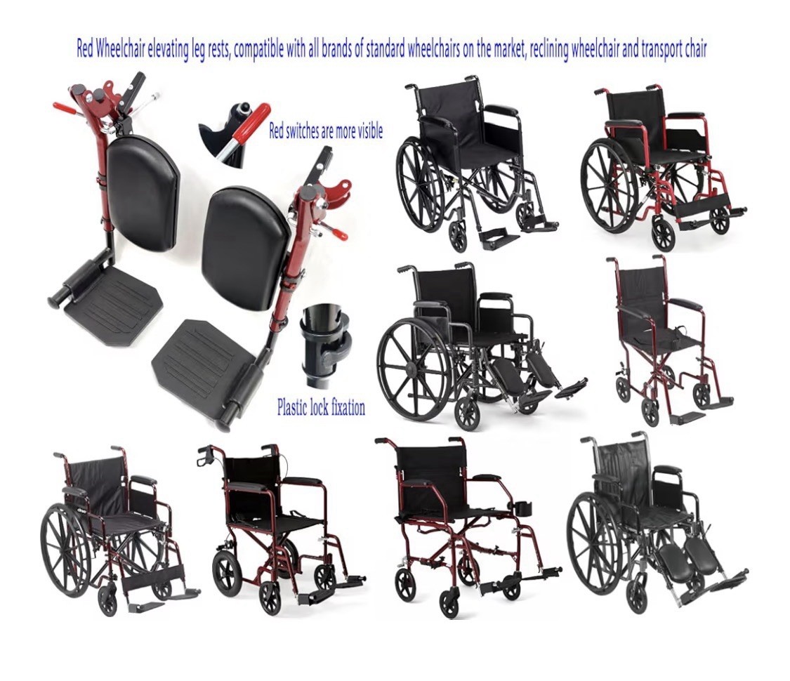 Red Wheelchair elevating Leg Rests w/Calf pad Non-Slip Footplates Compatible W/