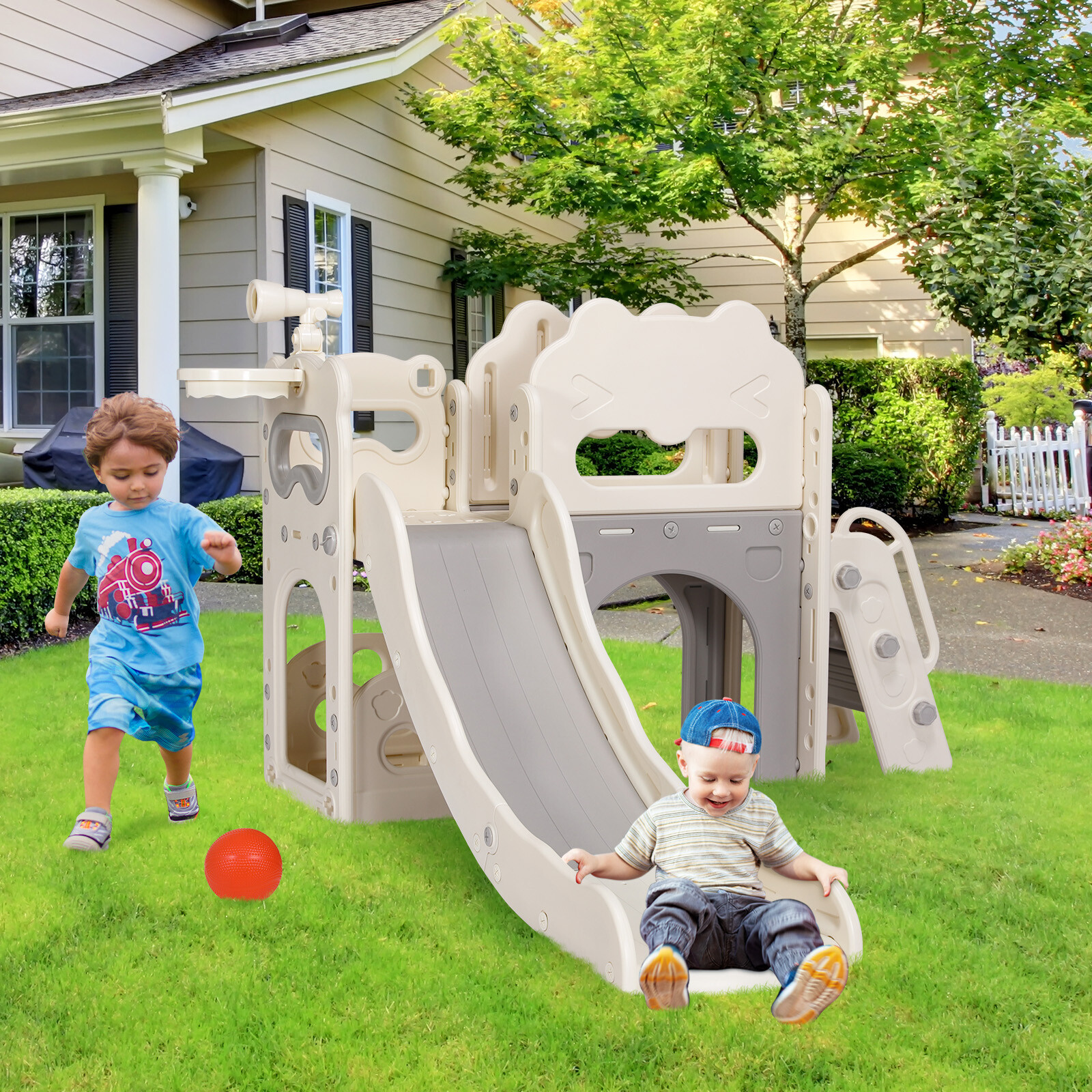 Kids Slide Toddler Slide Climber Playset W/ Basketball Outdoor Indoor Playground