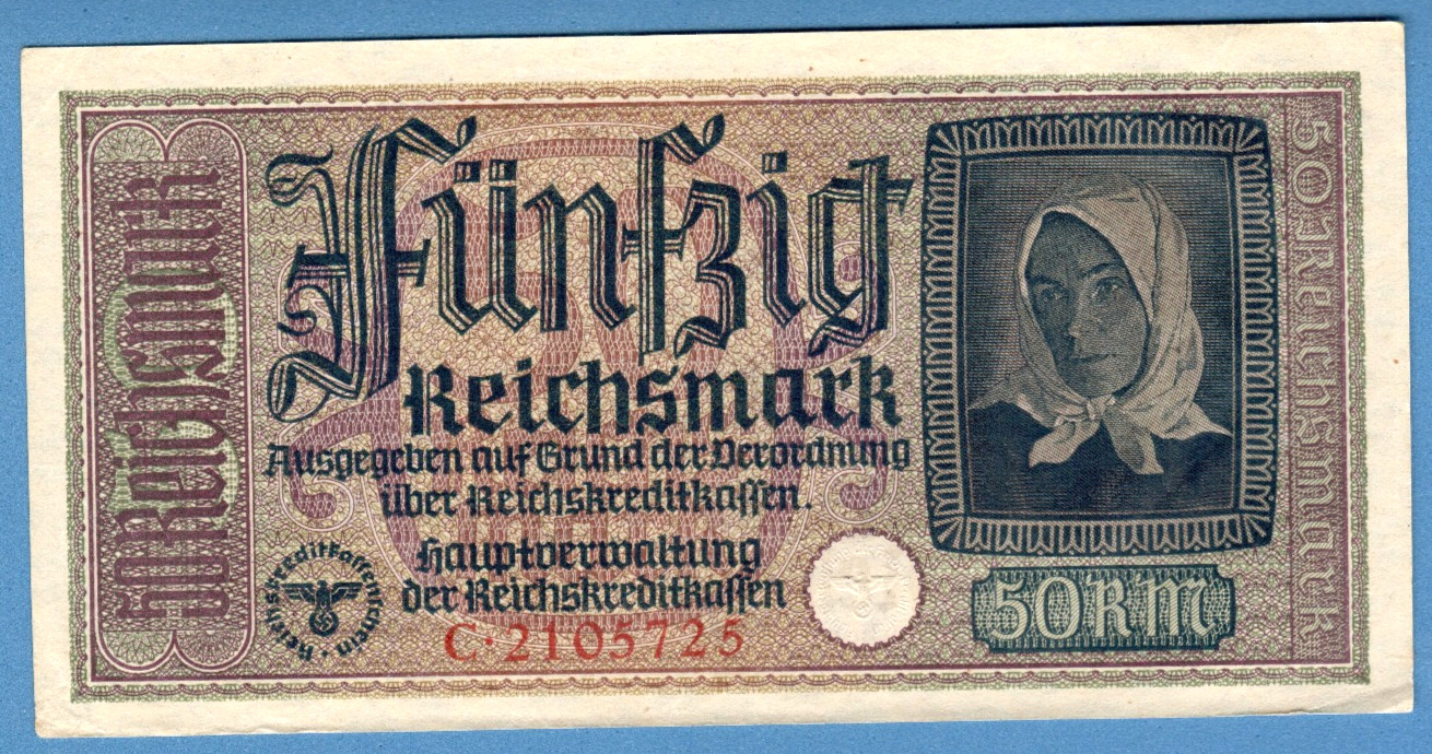 1940-45 GERMANY OCCUPIED TERRITORIES 50 RM EAGLE W/H SWASTIKA aUNC 1437