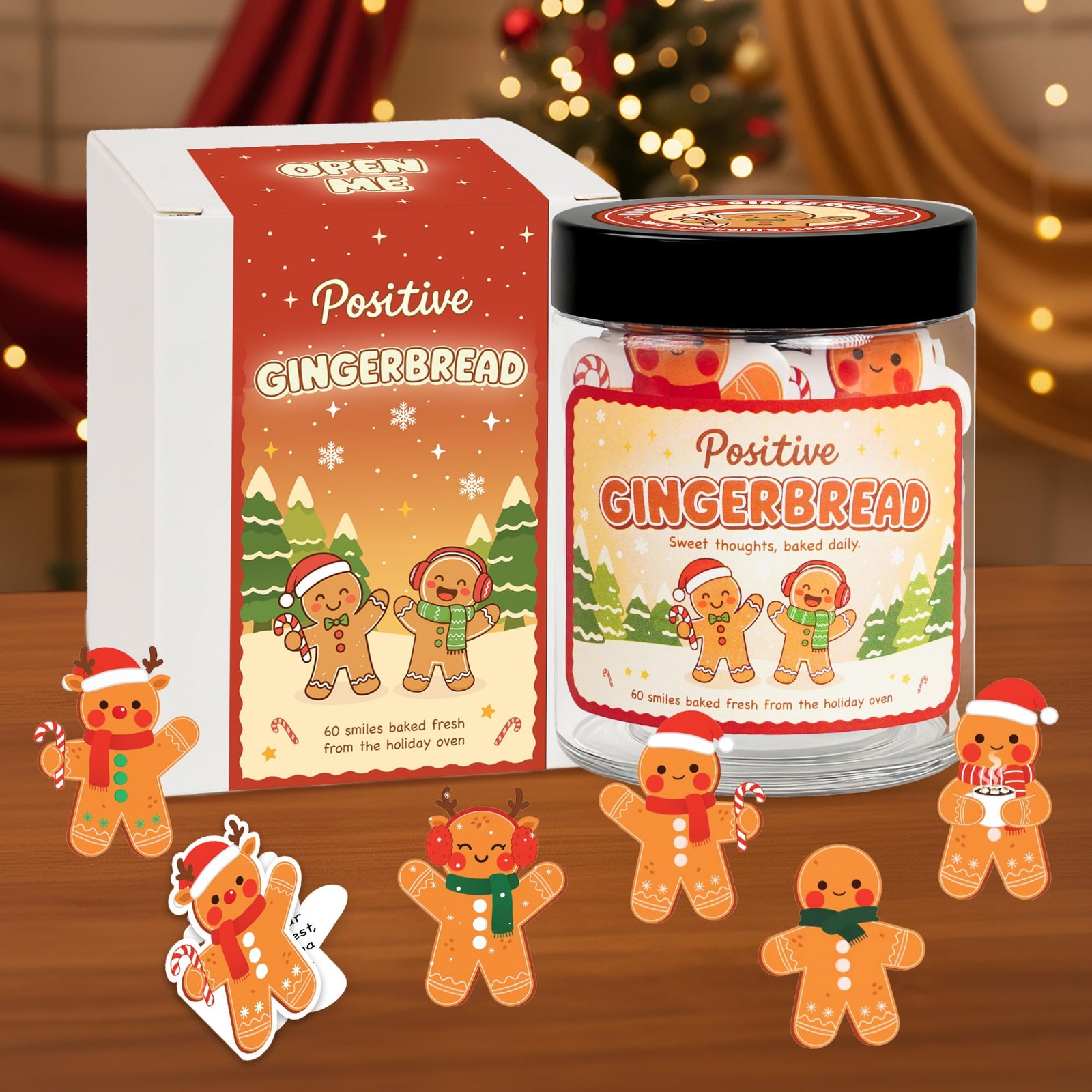 Positive Gingerbread Jar with 60 Affirmation Card, Christmas