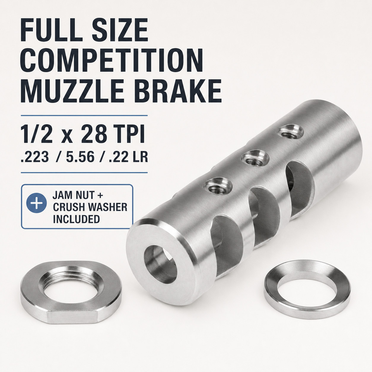 Stainless steel Completion Full Size Muzzle Brake 1/2x28 TPI for .223/5.56/22lr