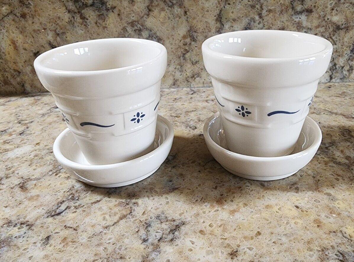 Longaberger Heritage Blue Pottery Woven Traditions 3" Mini Flowerpot Saucer Set