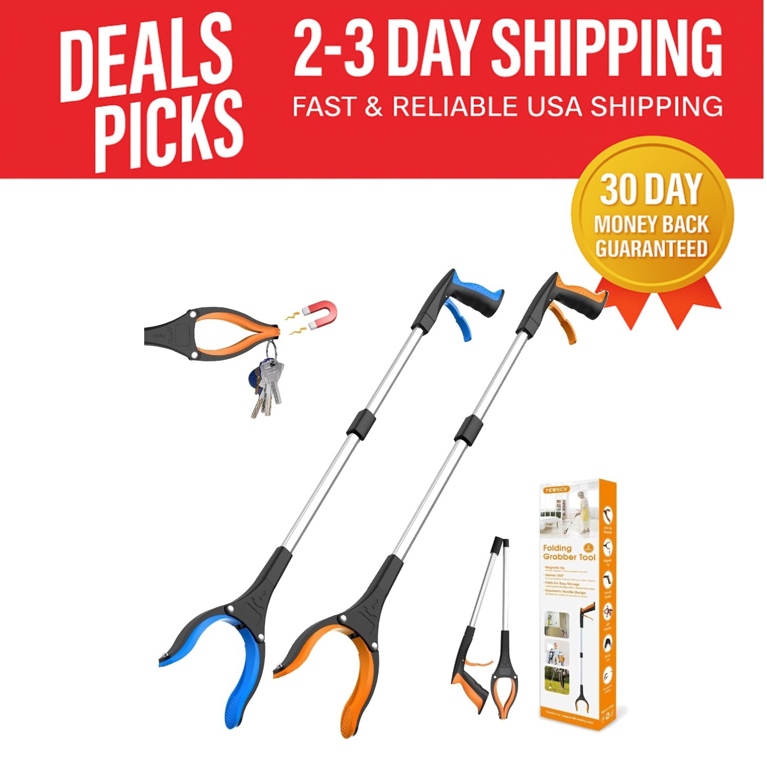 32-Inch Grabber Reacher Tool - 2-Pack Foldable Trash Picker with Magnet