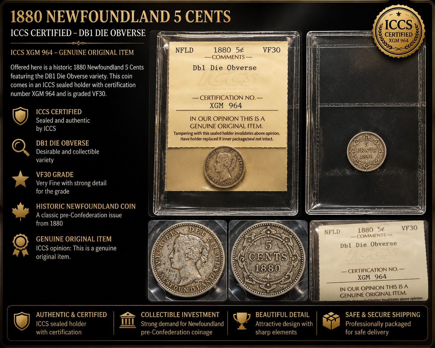 1880 Newfoundland 5 Cents VF30 DB1 Obverse Certified Rare Silver Coin