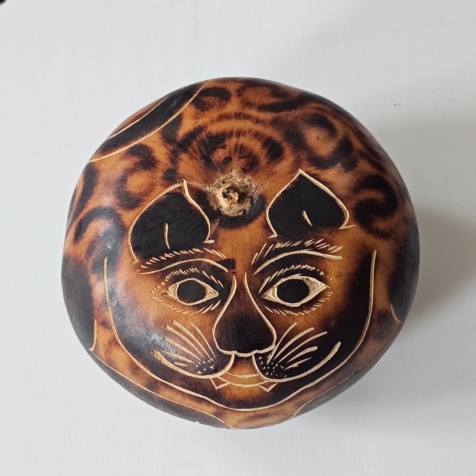 Hand carved Cat Gourd Peru Signed