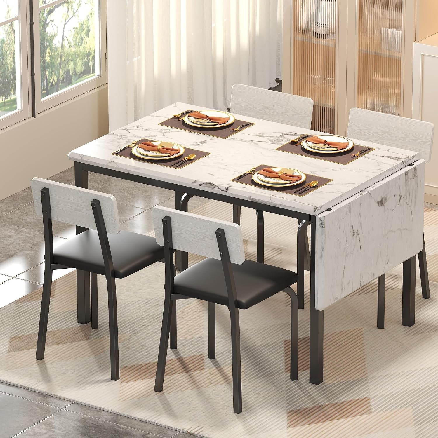 5-Piece 63" Extendable Dining Table W/ 4 Upholstered Chairs Kitchen Table Set
