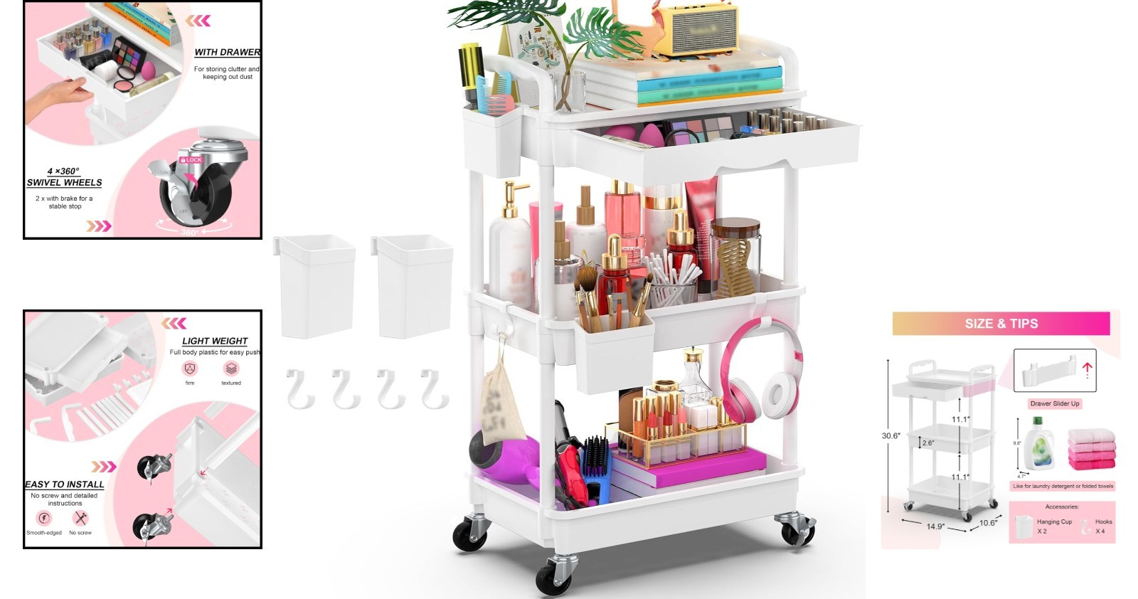 Maximize Storage: 3-Tier Rolling Organizer Cart with Dustproof Drawer & Wheels