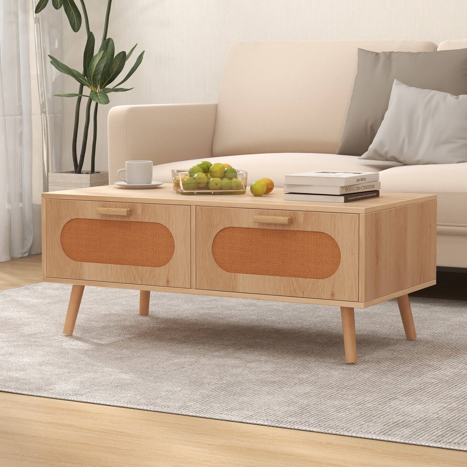 Rattan Coffee Table Mid Century Modern Center Table w/ 2 Storage Drawers
