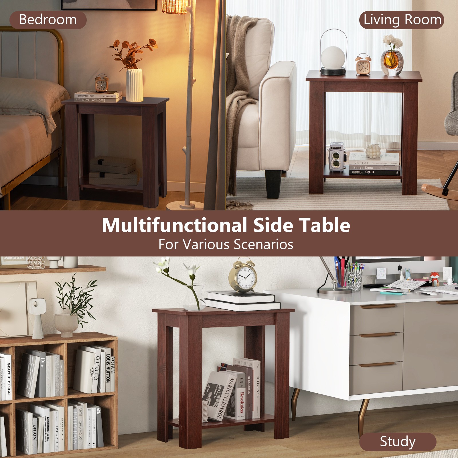 2 PCS End Table Sofa Bedside Table Compact Nightstand w/ Storage Shelf Espresso
