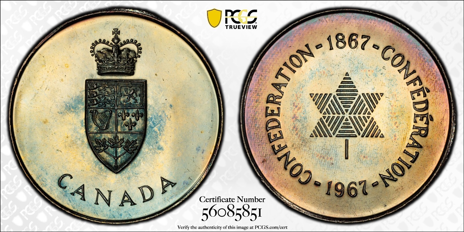 PL65 1967 Canada Silver Centennial Proof Medal, PCGS Trueview- Rainbow Toned