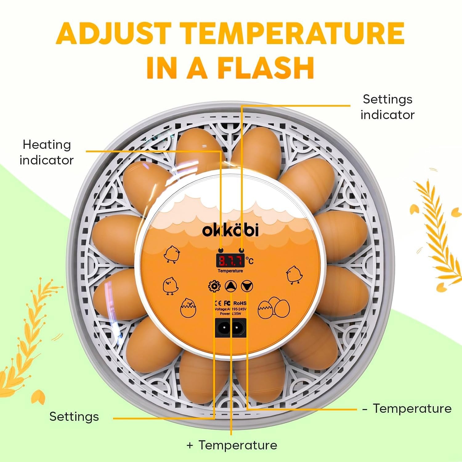 Okkobi M12 Automatic Egg Incubator with Humidity Control - 12/24 Eggs Capacity
