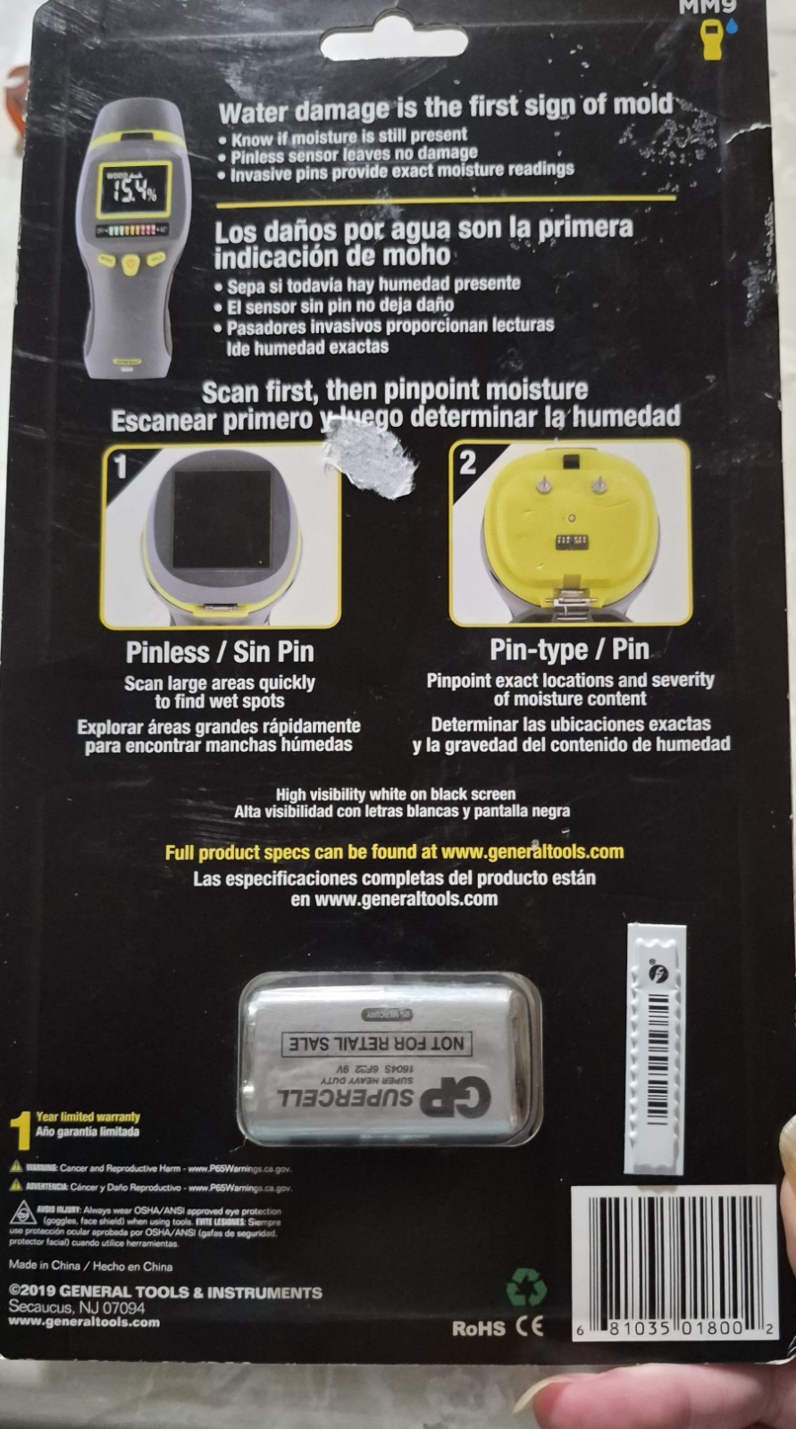 General MM9 Combo Moisture Meter Pin-Type & Pinless, Digital Display Hold