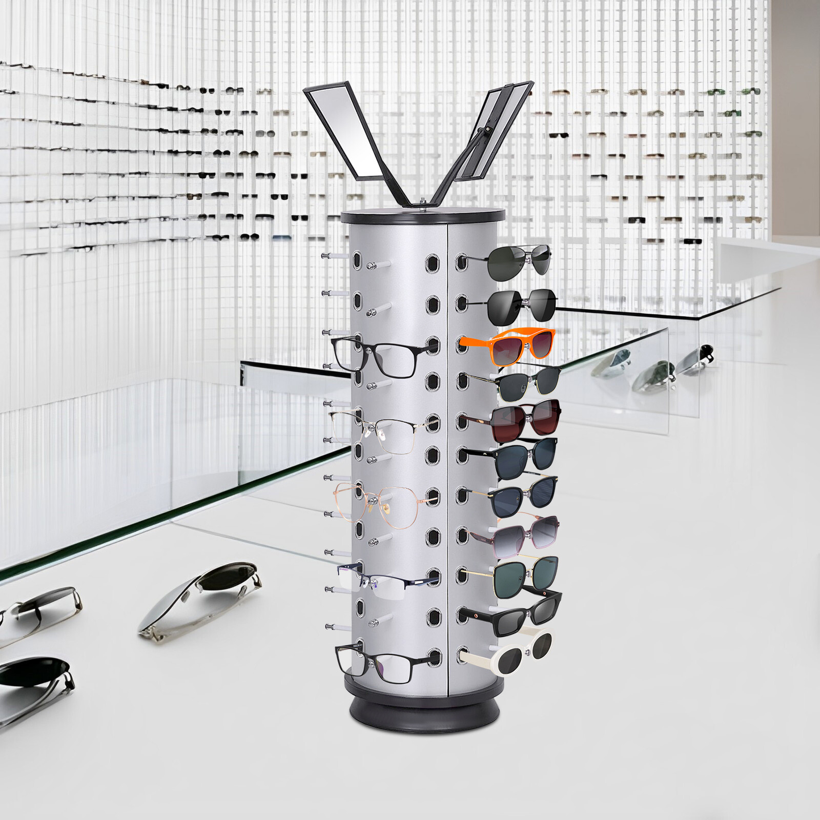 SALE 360 Rotating SUNGLASS DISPLAY Counter Rack Glasses 44 PAIR With Mirror
