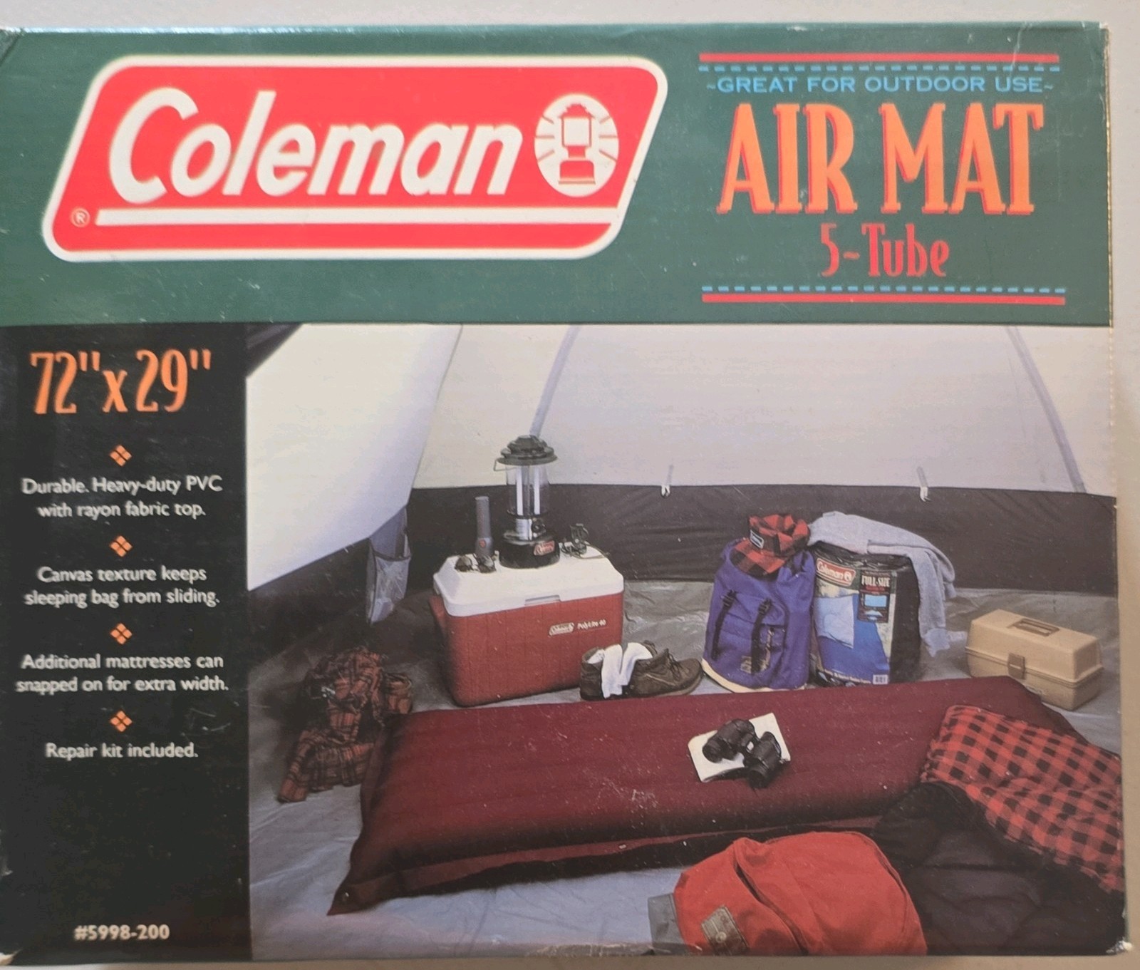 Vintage Coleman 5-Tube Air Mattress 72"x29" NOS #5998-200, With Repair Kit