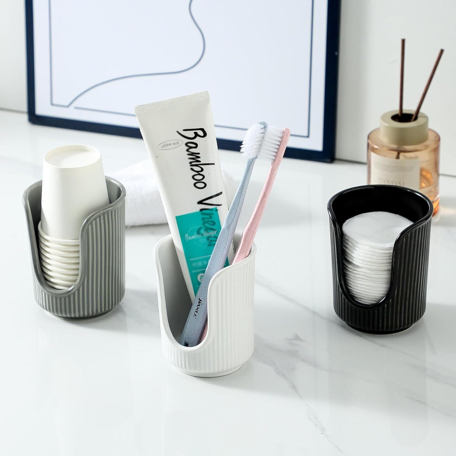 Ceramic Bathroom Cup Dispenser with Stylish Vertical Stripes - Disposable Mouthw