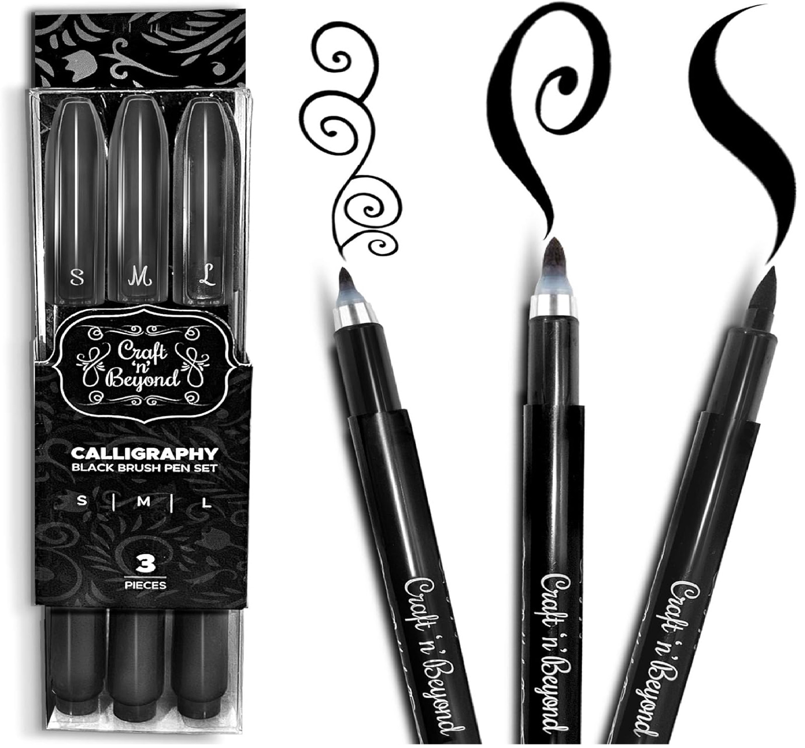 Craft 'N' beyond Calligraphy Brush Pens Pack of 3 Small, Medium and Large Marker