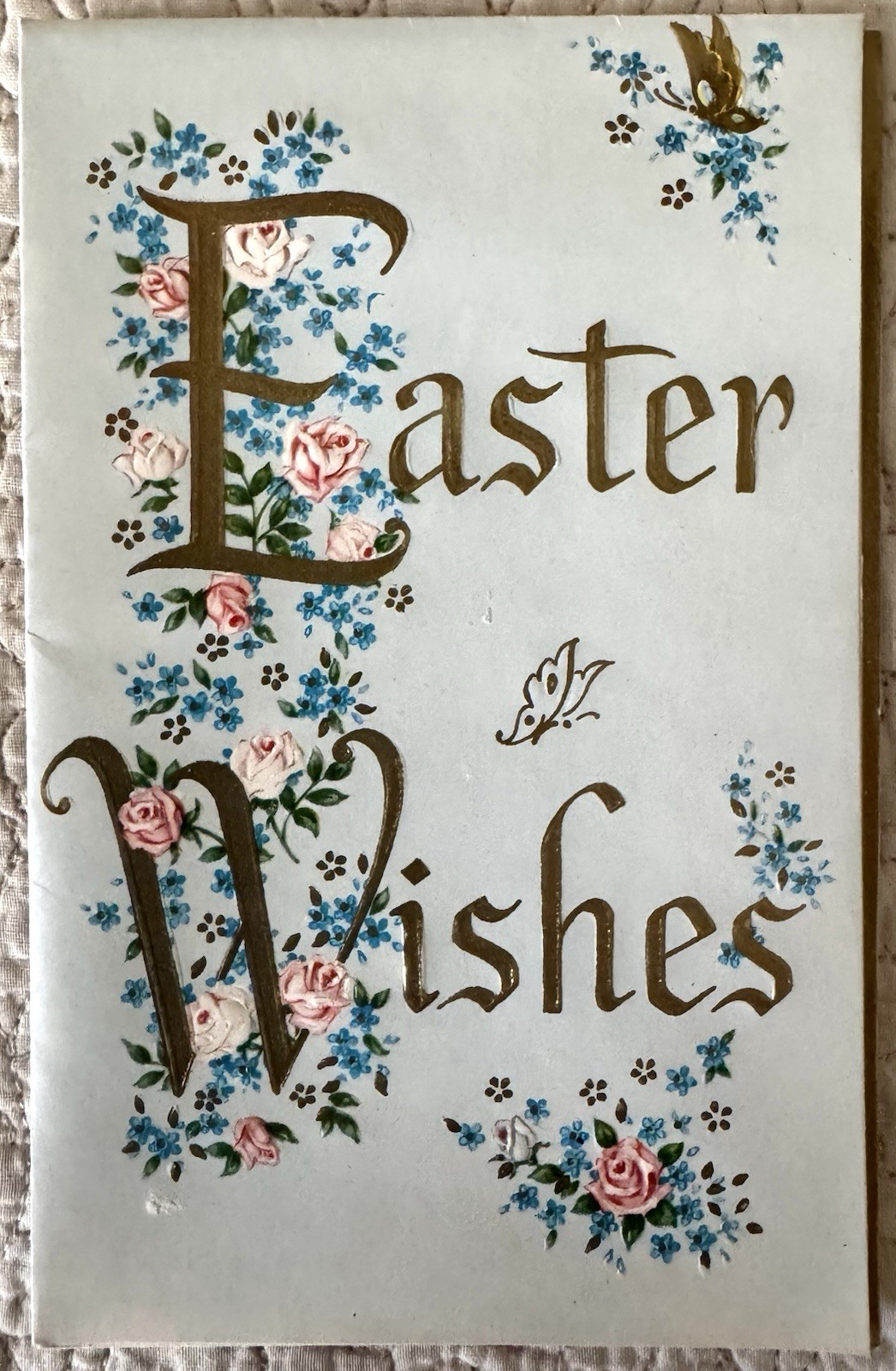 Unused Easter Wishes Pink Roses Blue Flower Butterfly Greeting Card 1940s 1950s