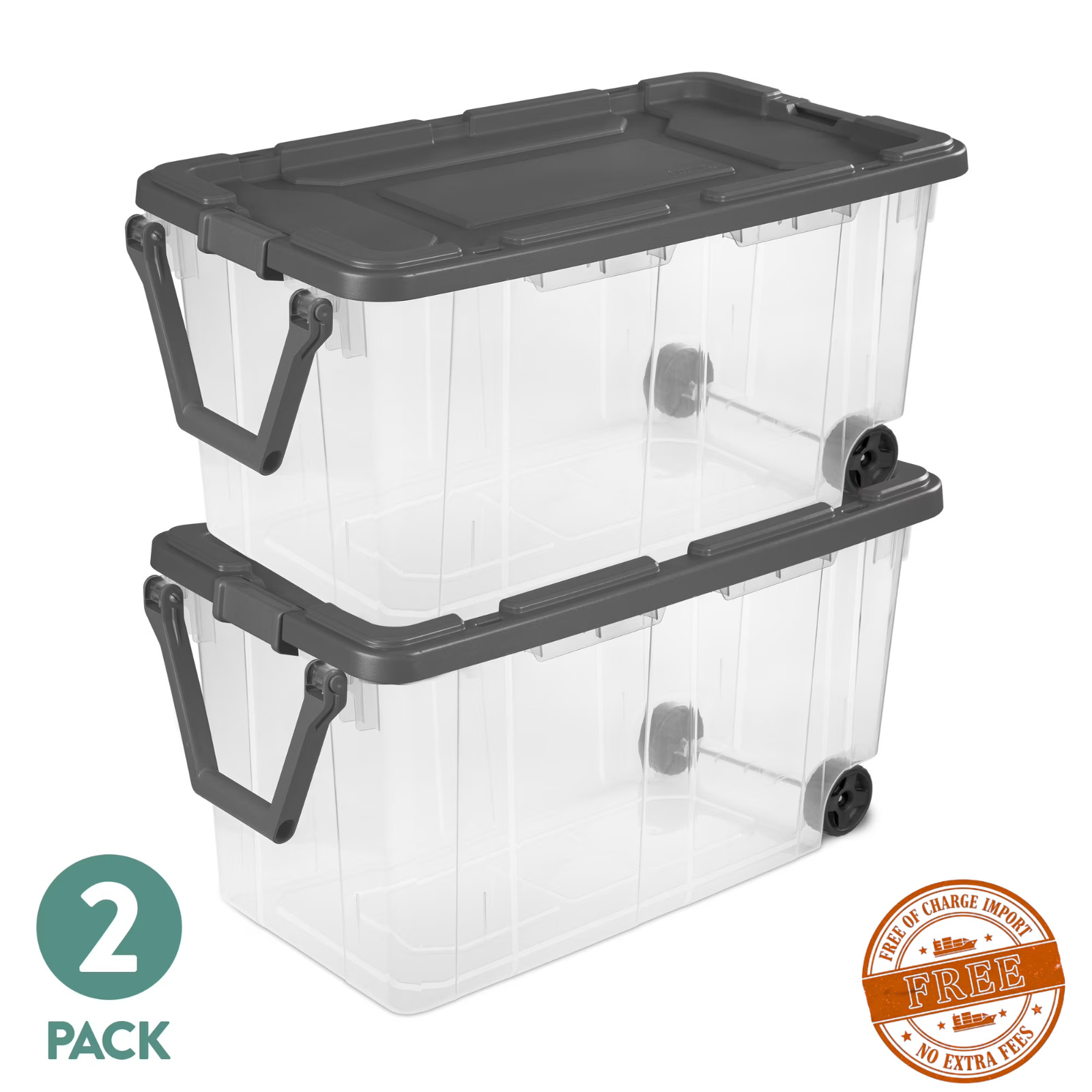 2 Count Sterilite 160 Quart Wheeled Stacker, Extra Large Durable Clear Bin