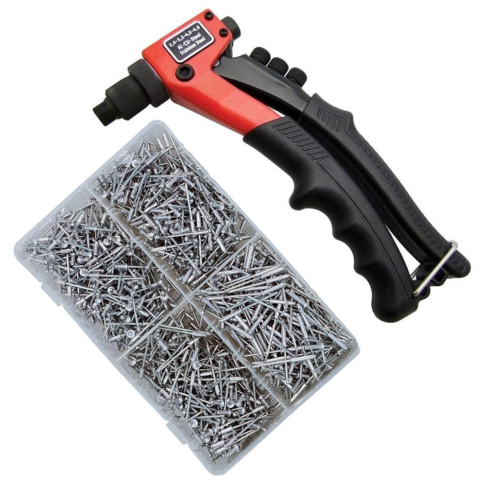 Hand Pop Riveter Rivet Gun Riveting Tool c/w 1000 Assorted Rivets & 4 Nozzles
