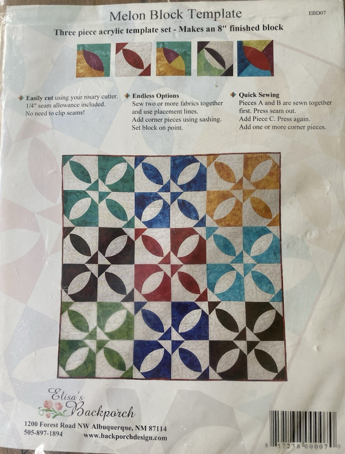 Elisa's Backporch MELON BLOCK TEMPLATE Acrylic Quilt 8" Block EBD07