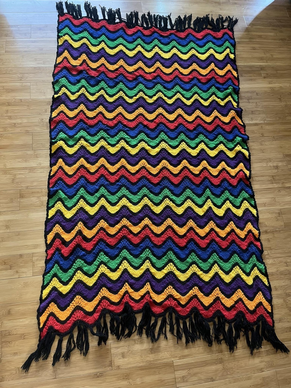 Vintage Knitted Afghan Blanket Throw Handmade Zig Zag Striped 70x40 Fringe