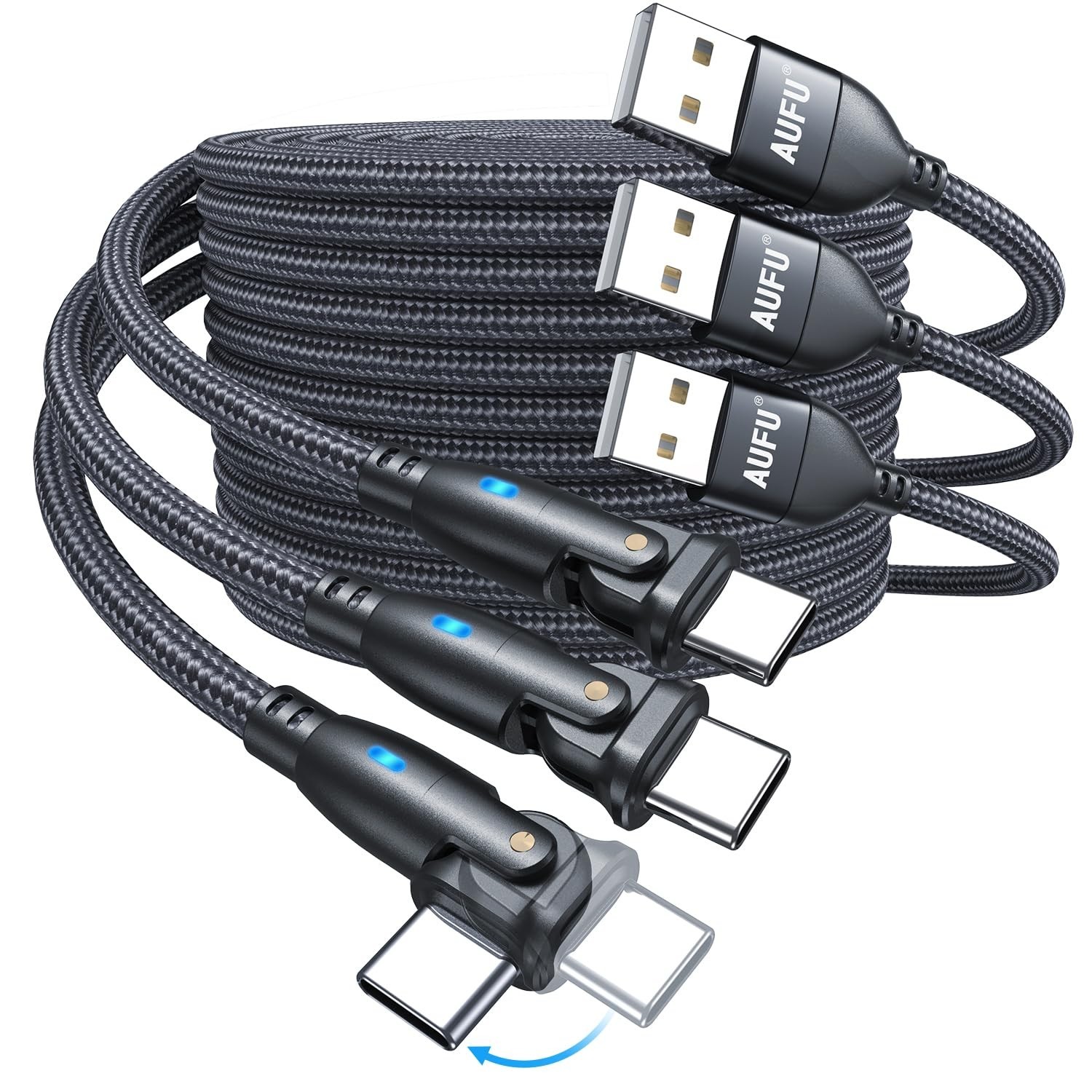 3-Pack 6.6ft USB C Cable with 180° Rotation & 3A Fast Charging - Nylon Braided