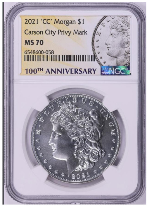 2021-CC Morgan Silver Dollar 100th. Anniversary! TOP GRADE! Mint State 70