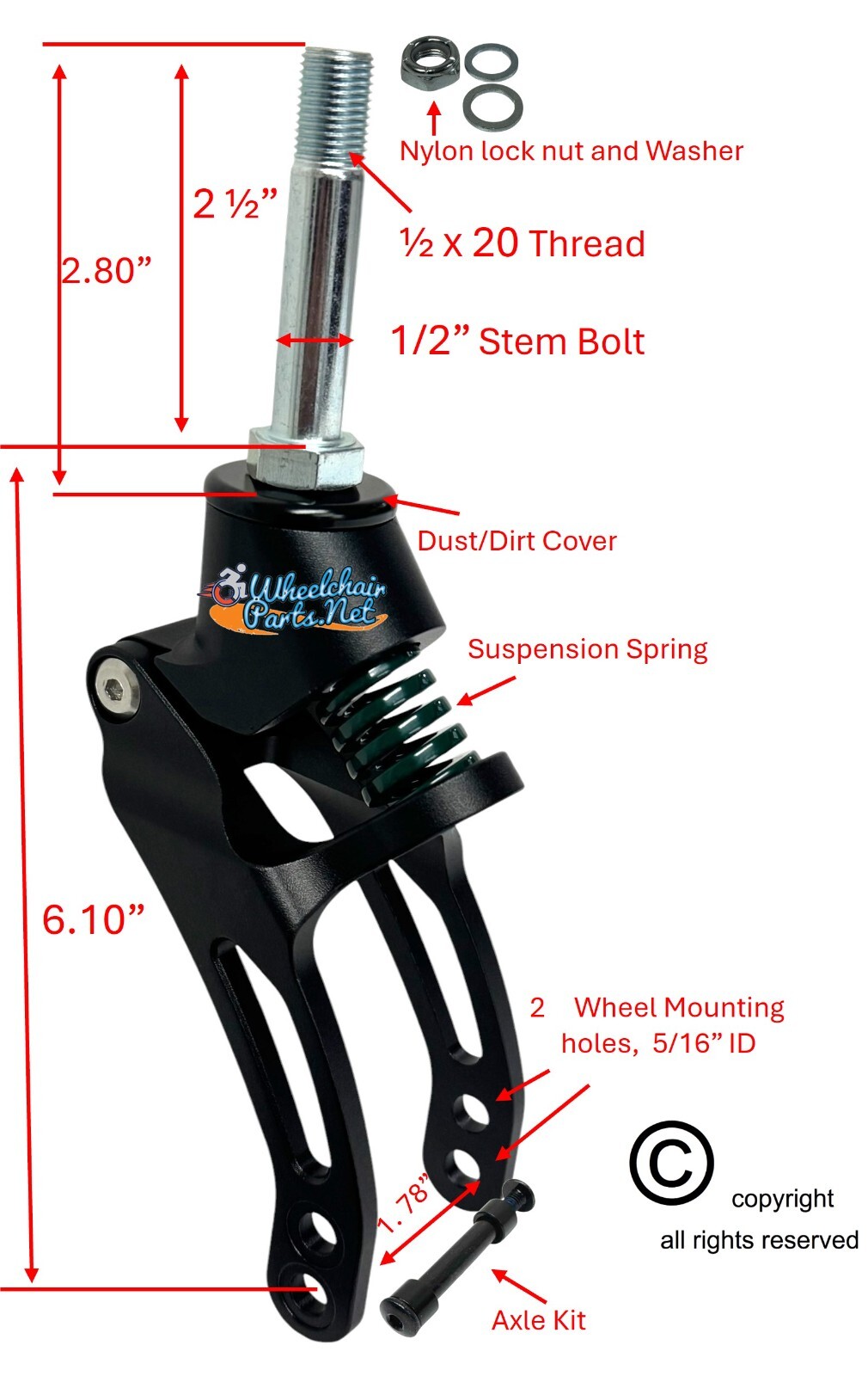 6" Suspension Fork With 2.5" Stem Bolt and Caster Wheel Axle. Sold as Pair