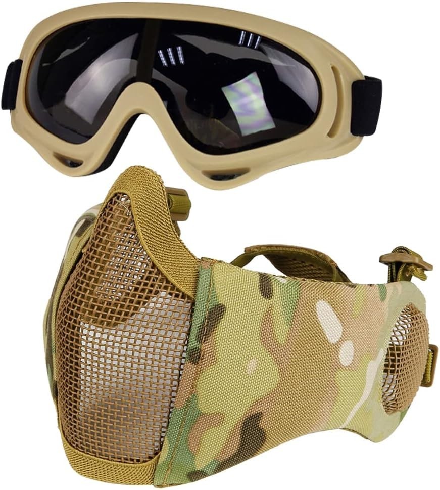 Airsoft Mask with Goggles, Foldable Half Face Airsoft Mesh Mask with Ear Protect