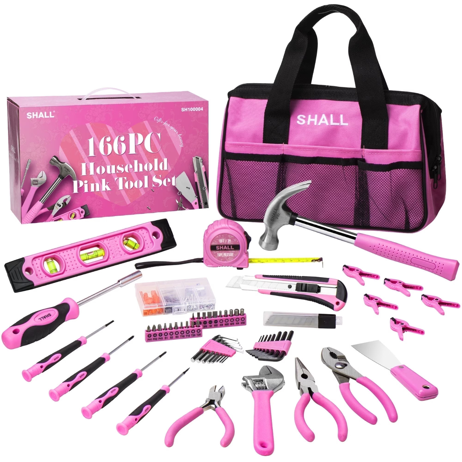 SHALL Pink Tool Set for Women,166pcs Home Tool Kit with 12" Tool Bag Organizer