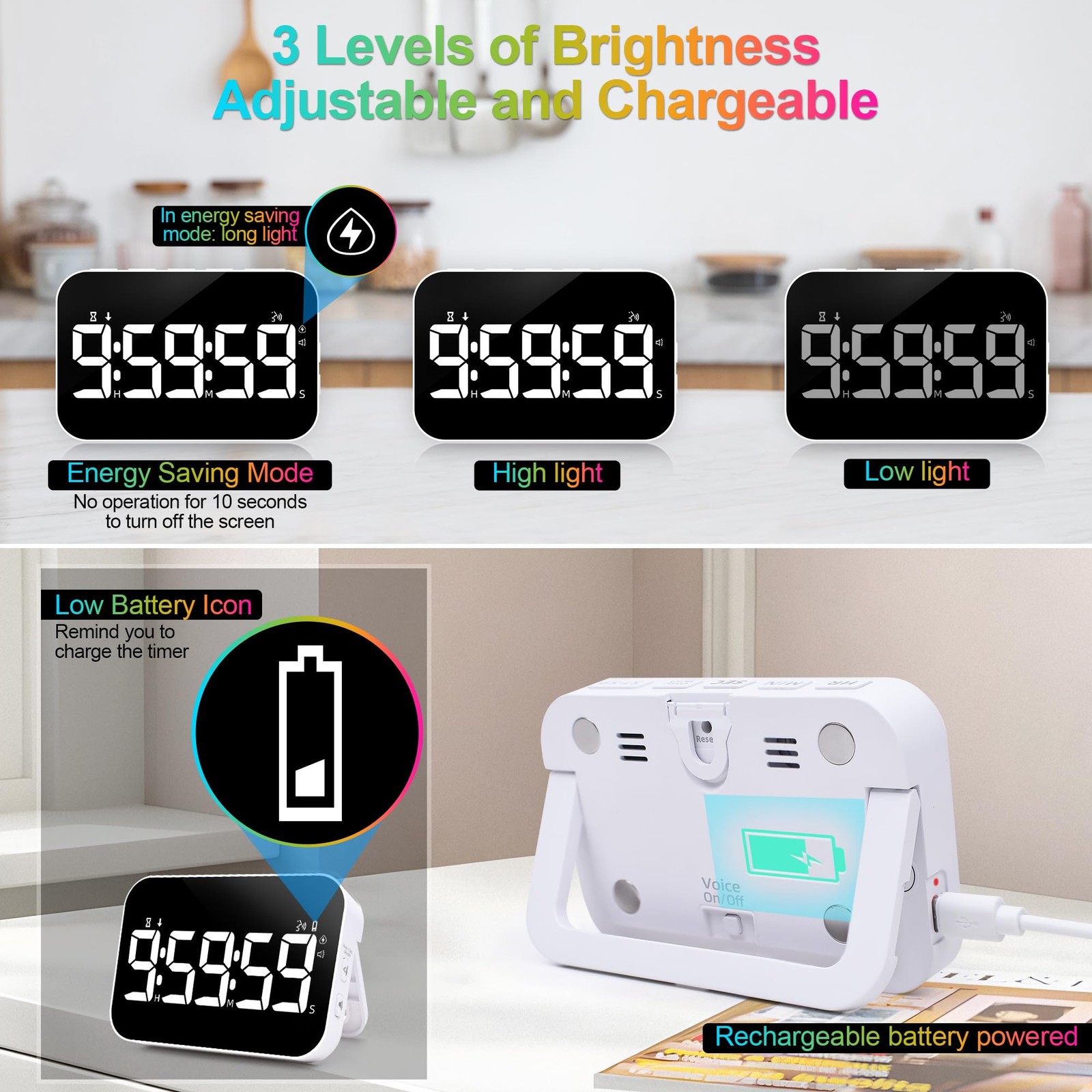 Kitchen Digital Timer, Rechargeable Magnetic Count Down Up Timer, Vibration M...