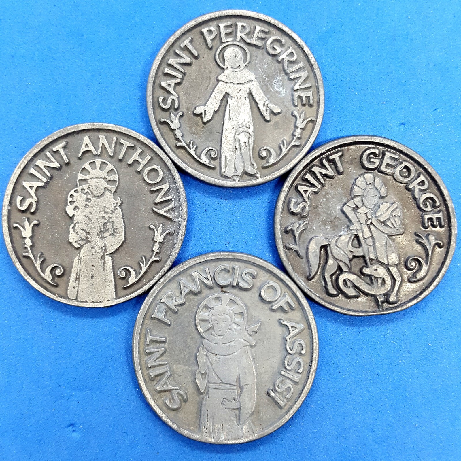4 SAINTS Rustic Pewter Pocket Tokens, St. Anthony, George, Francis & Peregrine