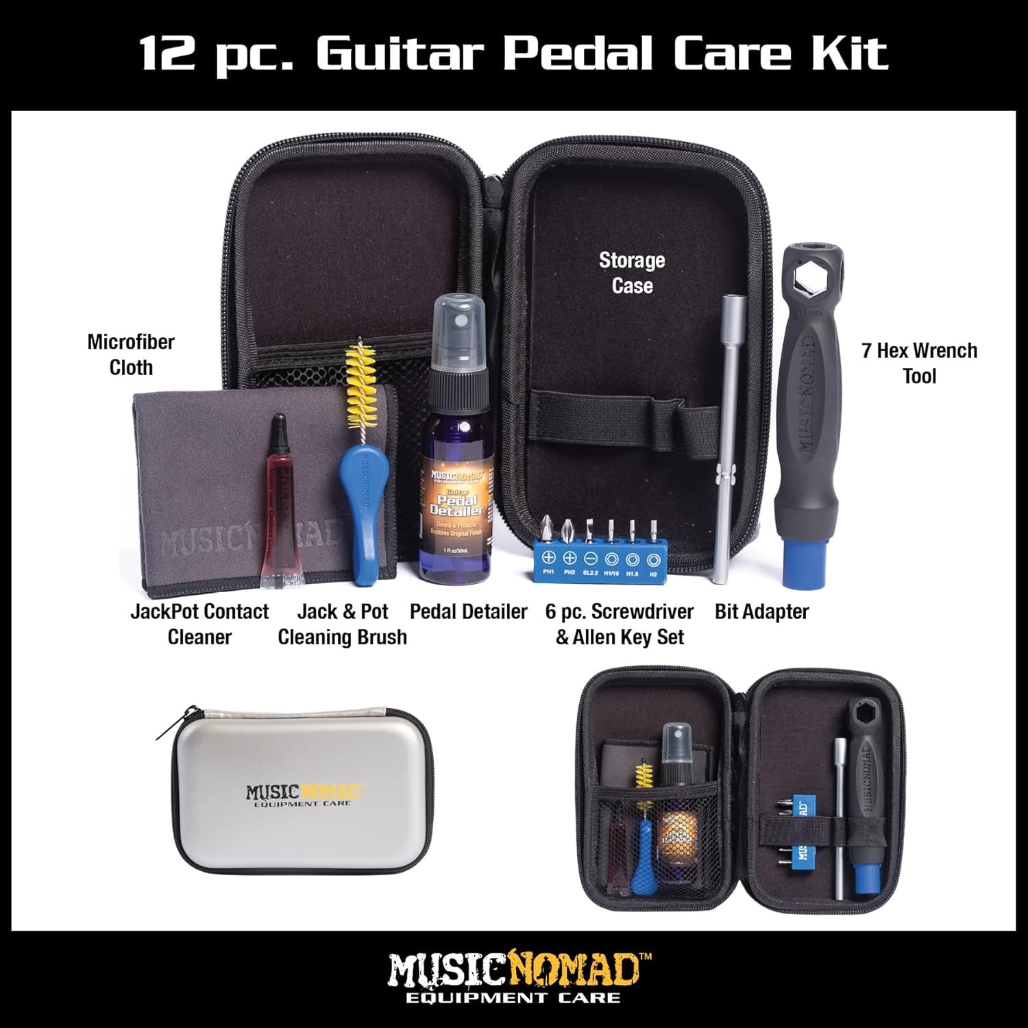 Guitar Pedal Care Kit, 12-Piece: Cleaners, Wrench Set, Brush, Detailer, Case