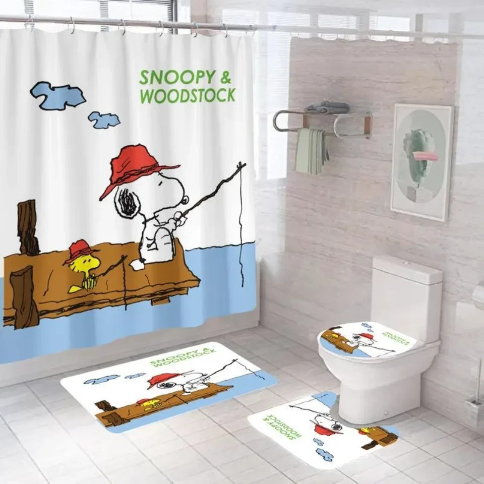 Snoopy What Makes Me Happy Shower Curtain Bathroom Set Toilet Lid & Bath Mat
