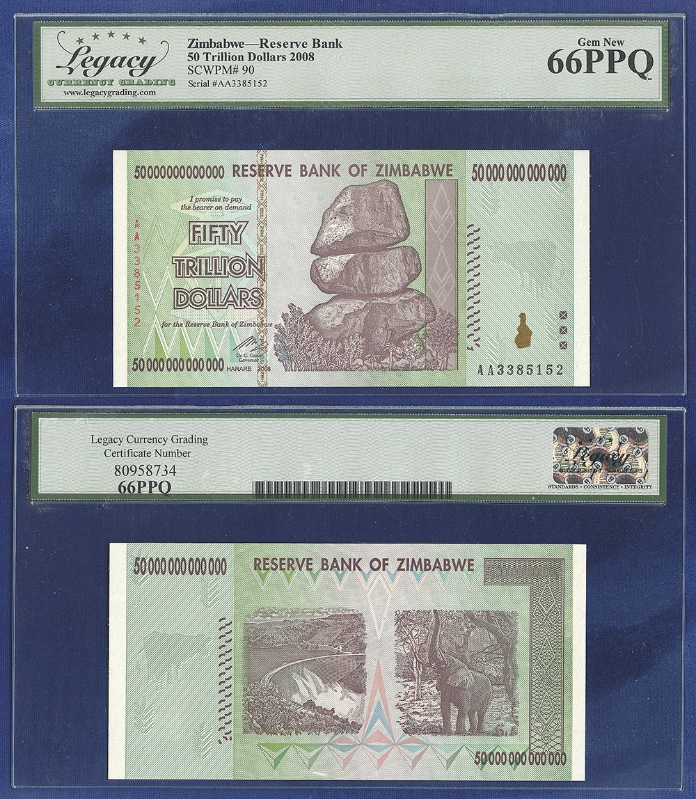ZIMBABWE 2008 FIFTY TRILLION 50,000,000,000,000 DOLLARS GRADED GEM UNC 66 PPQ