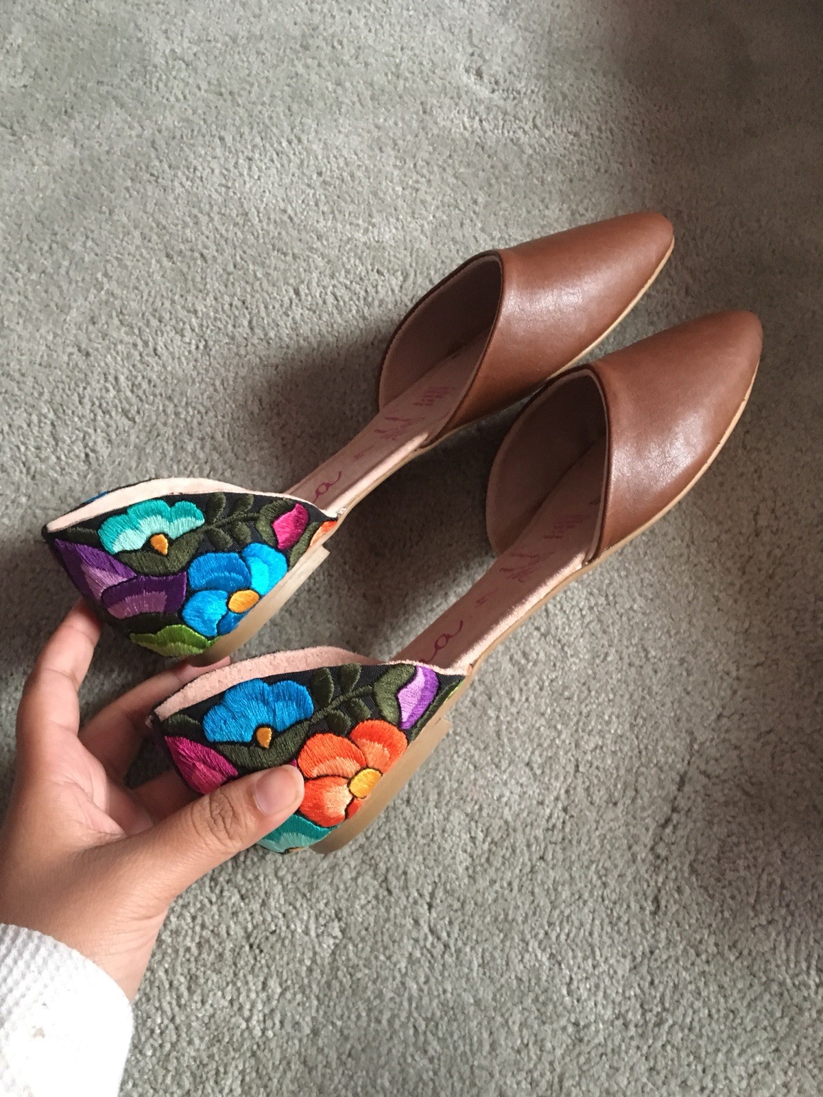 Brown Leather Flat w/ Floral Embroidery. Made in Mexico.