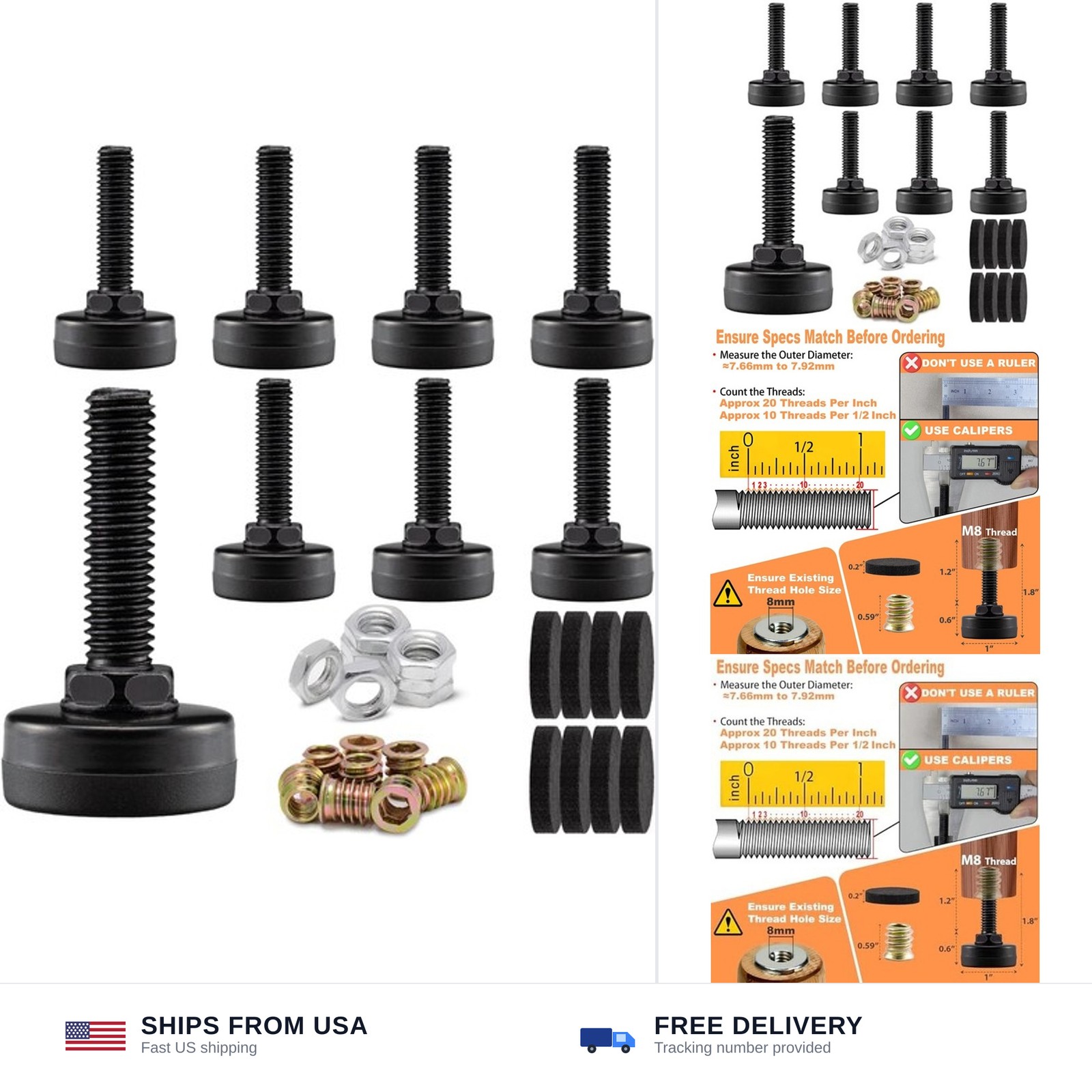 8-Pack Adjustable Furniture Leveling Feet, M8 ISO Metric Thread, 1.8 Inch Hei...