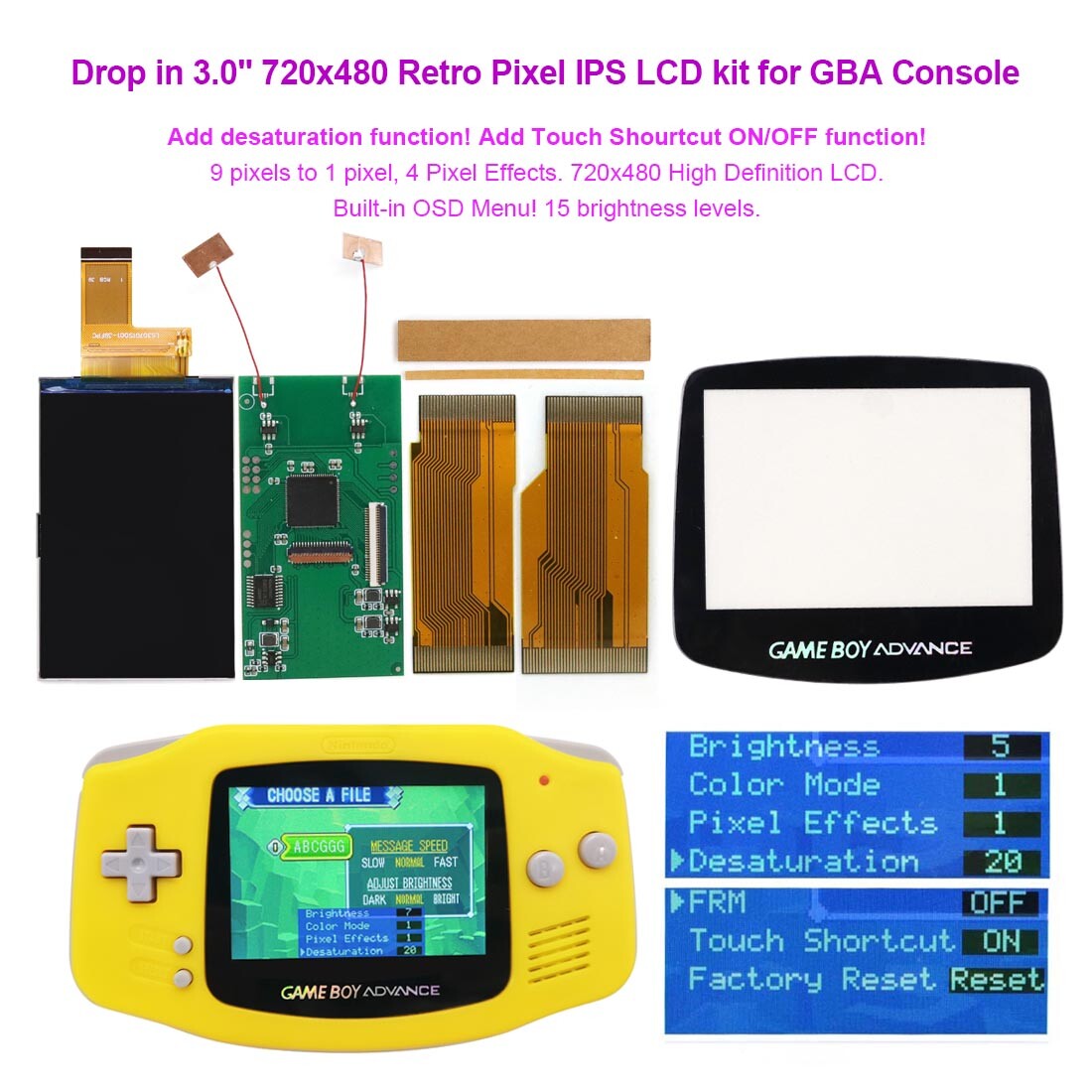 Add Desaturation Drop In V5 3.0" 720x480 Retro Pixel IPS LCD Kit+Shell For GBA