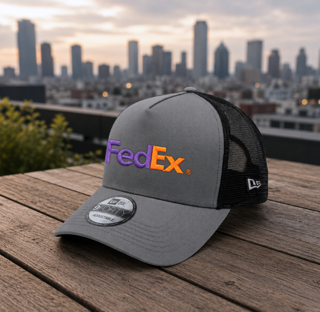 FedEx Trucker Hat Cap Grey Mesh Adjustable Snapback Logo - Embroidered Cap