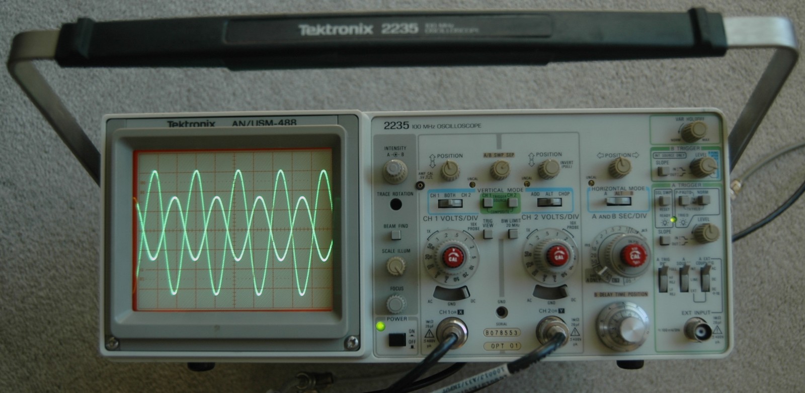 Tektronix 2235 AN/USM488 100MHz Two Channel Oscilloscope, Two Probes, Power Cord