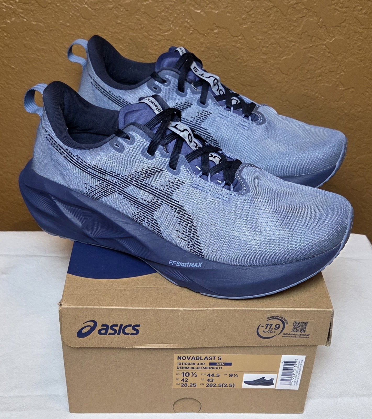 Asics NOVABLAST 5 RUNNING Shoes DENIM BLUE Size 10.5 US MENS FF BLAST MAX