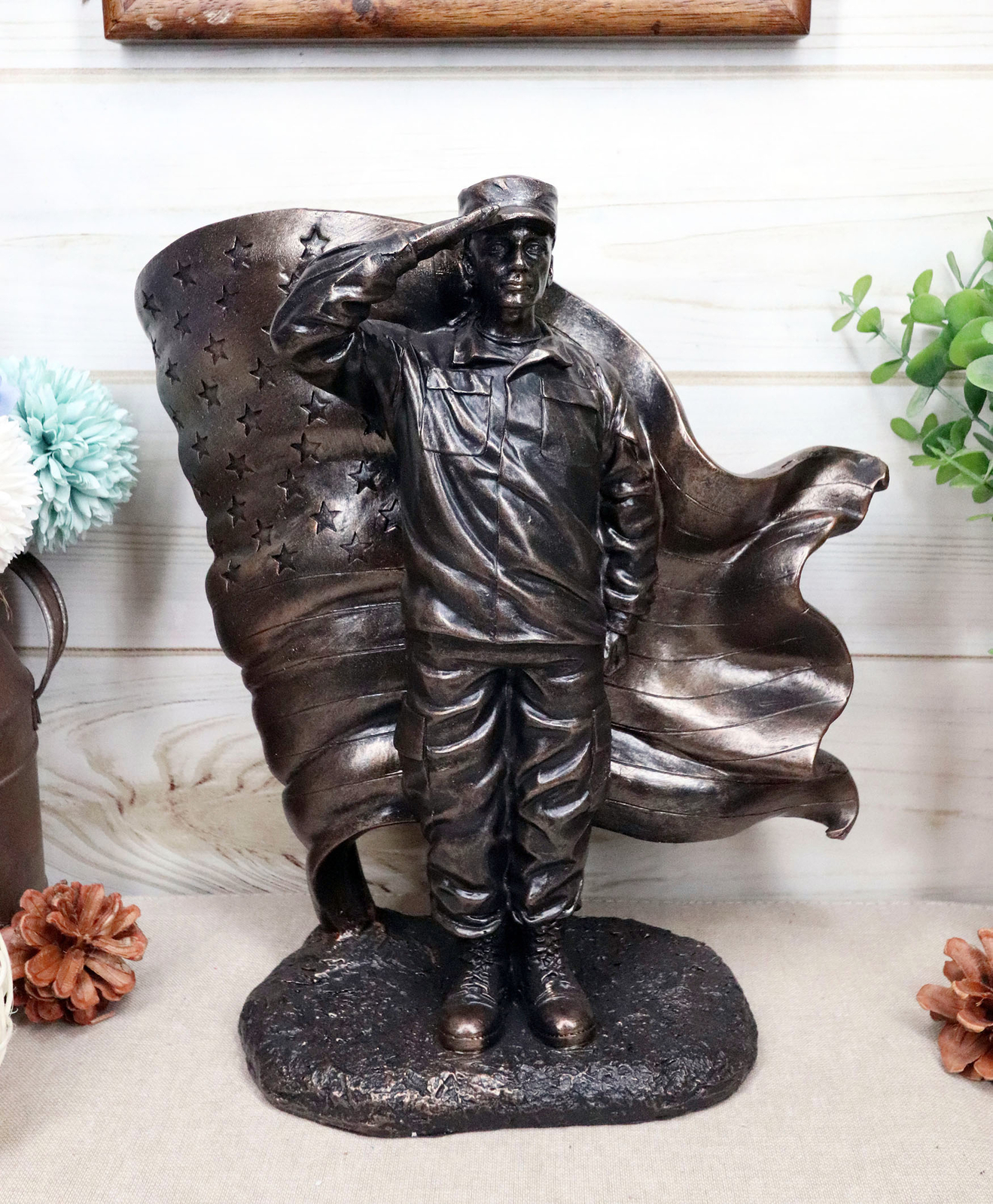 Ebros Solemn Tribute Patriotic American Soldier Saluting Flag Statue USA Soldier