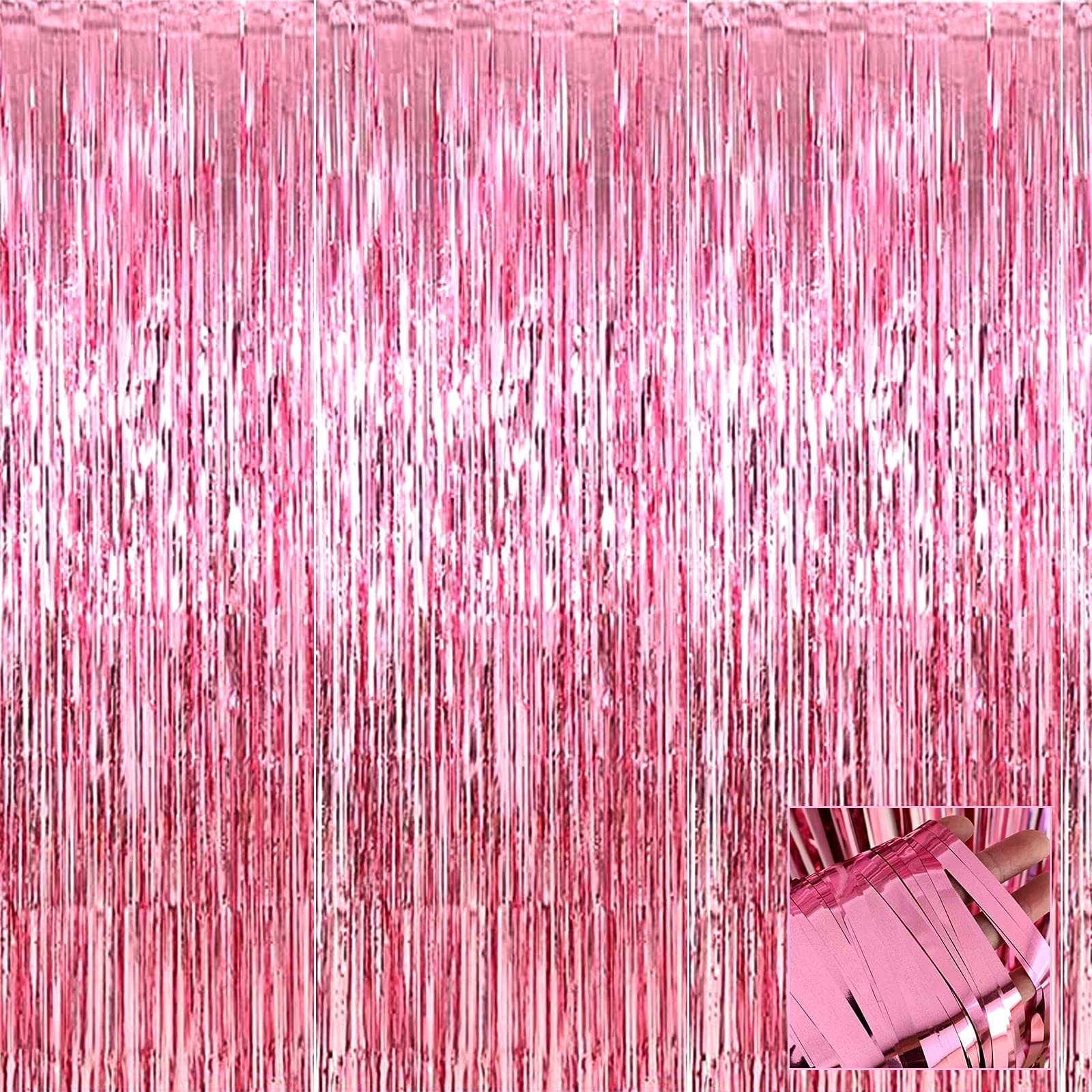 4 Pack Pink Foil Fringe Curtain Backdrop, 3.28Ft x 6.56Ft Metallic Tinsel Foi...