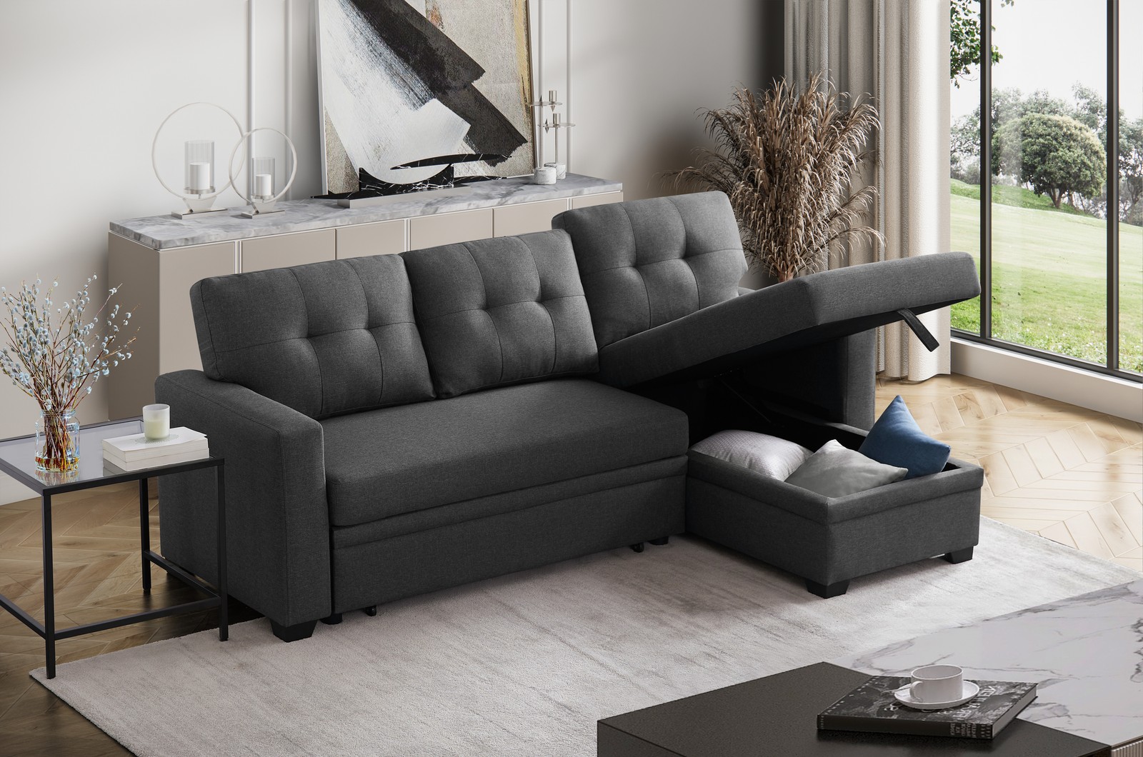 Convertible Upholstered Sectional Sofa with Pull-out Chaise
