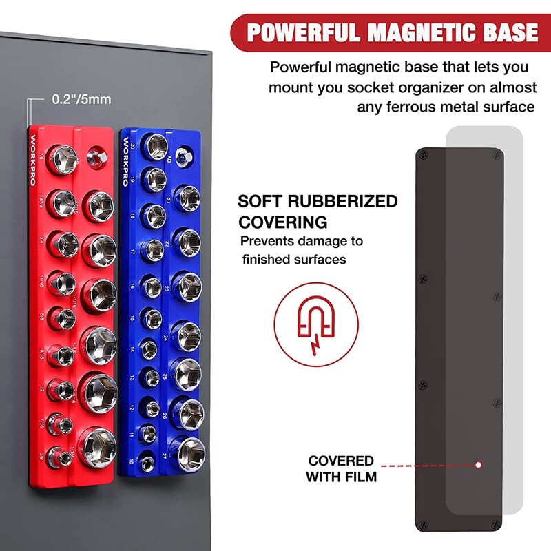 WORKPRO 2PC 1/2" Magnetic Socket Organizer Set Socket Holder Cart Set SAE Metric